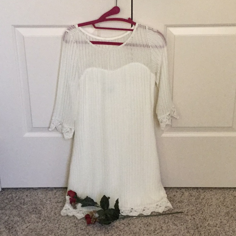 Ivory sweater dress with lace trim
